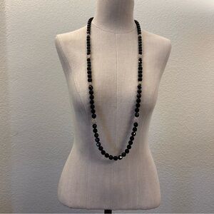 Long Black Beaded Necklace with Gold and Crystal Accents